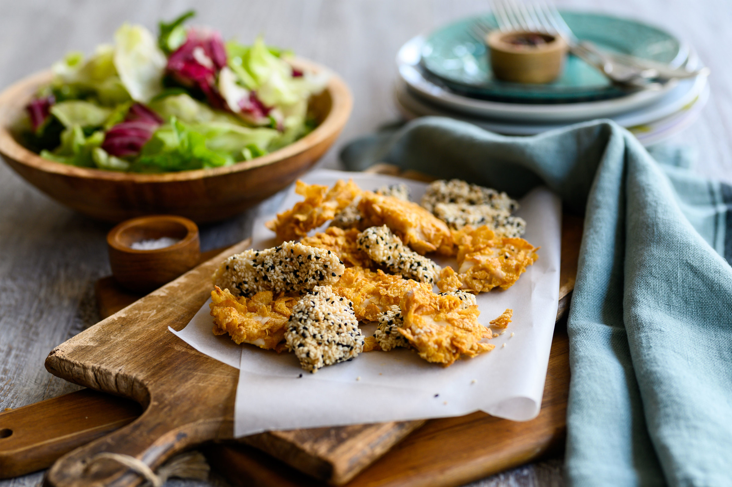 Homemade chicken nuggets breaded with sesame, Lurpak® butter and corn ...